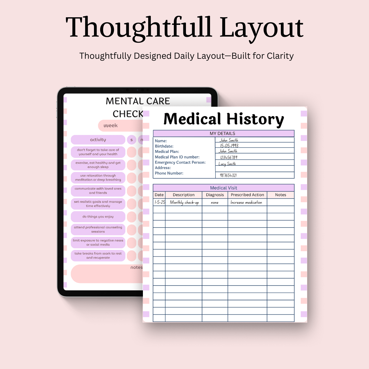 Digital medical planner with 'Mental Care Check' and 'Medical History' sections on a pink background.